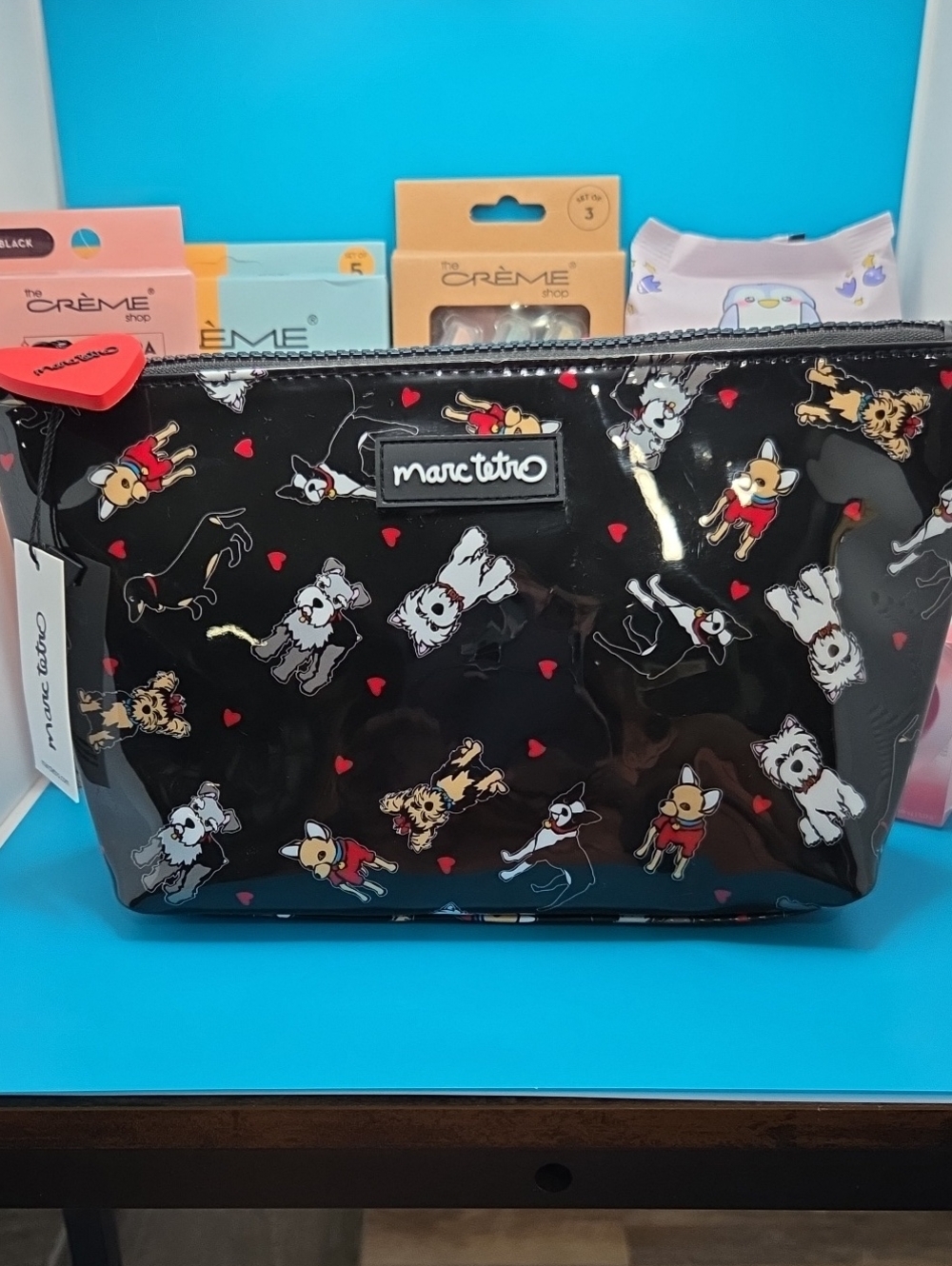Marc Tetro Black Dog Print Vinyl Cosmetic Pouch & Mixed Makeup Bundle NWT